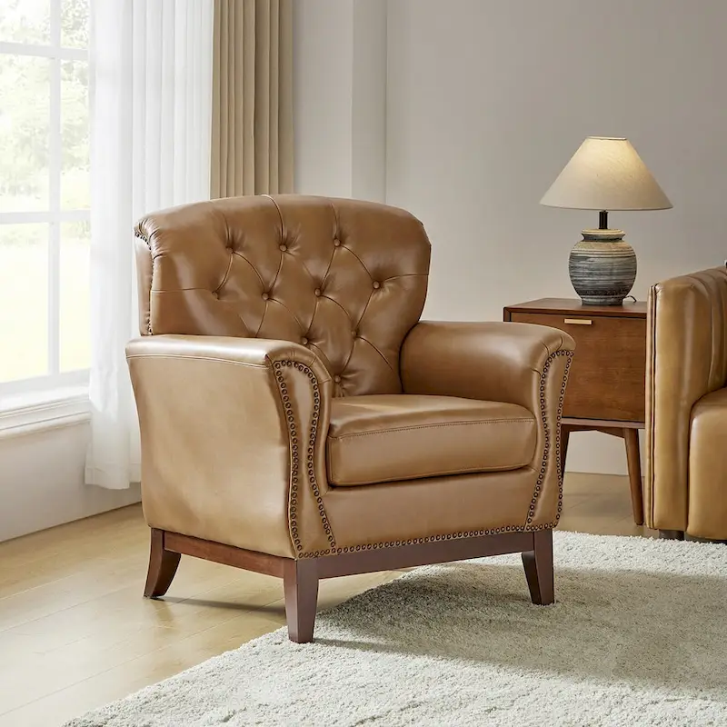 Traditional Genuine Leather Accent Chair with Tufted Wing Back