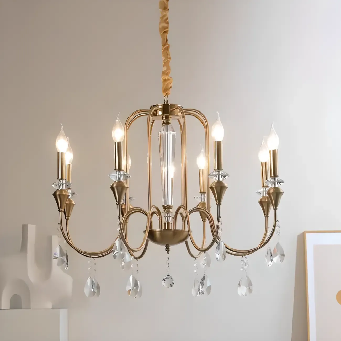 Mid-Century Modern Metallic Alloy Candle Chandelier with Crystal