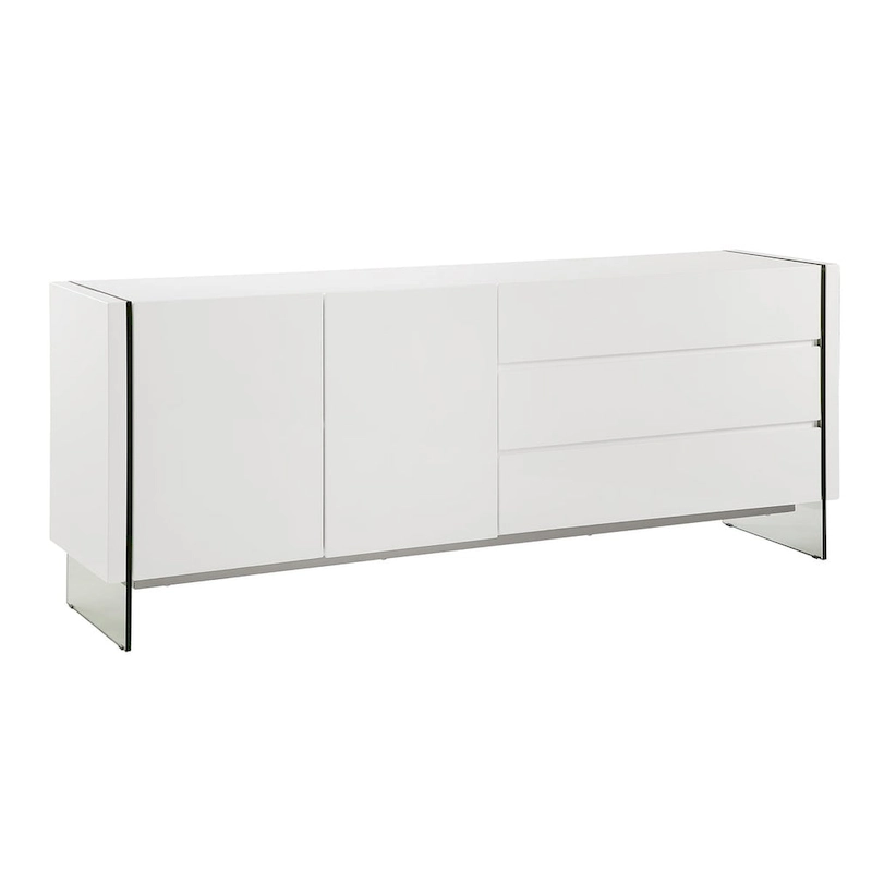 IL VETRO buffet-server in high gloss white lacquer with clear glass.