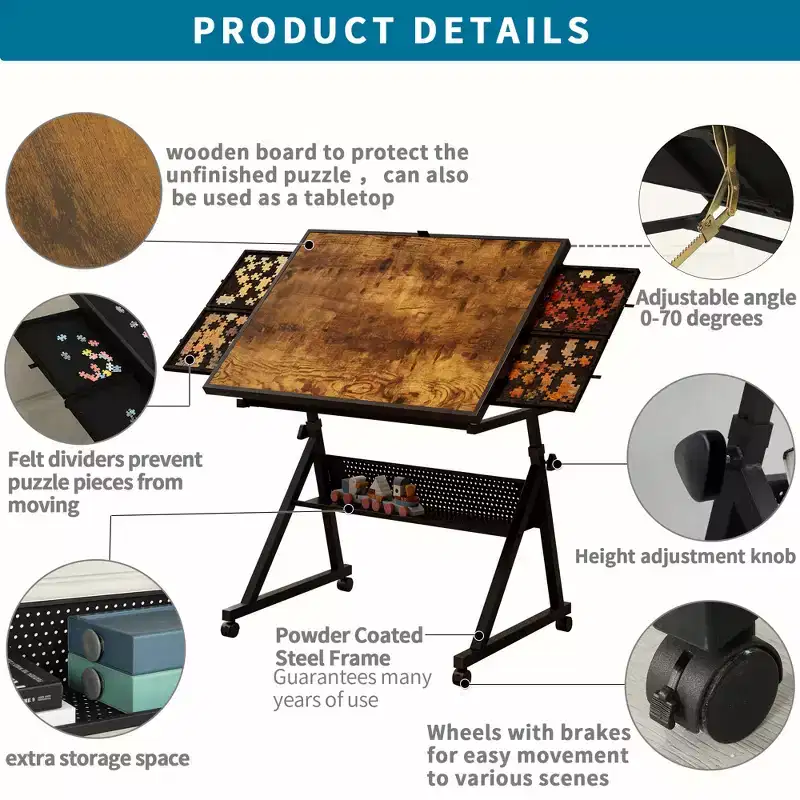 GDFStudio Anchalee Modern Metal and Wooden Jigsaw Puzzle Table Board with 4 Trays