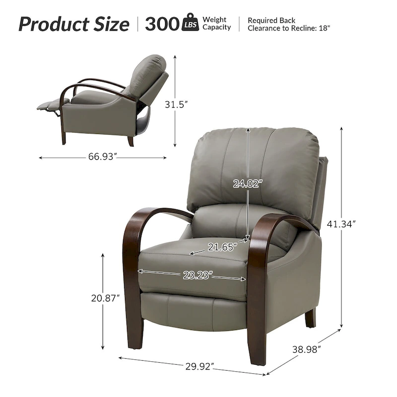 Alex Mid-century Modern Cigar Genuine Leather Manual Recliner with Wooden Curved Arms, Set of 2
