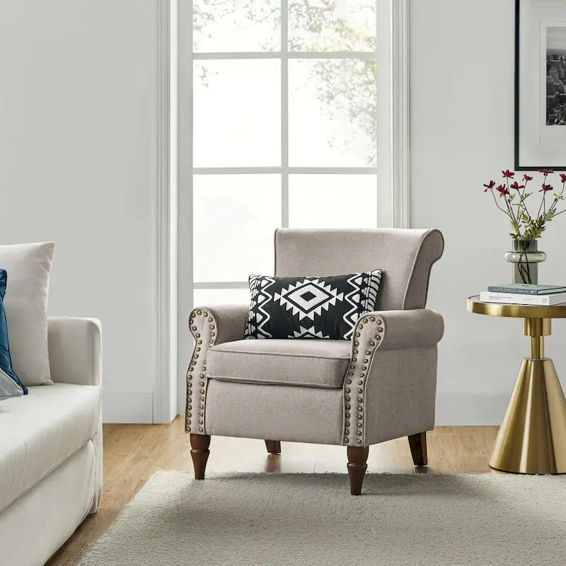 Upholstered Comfy Accent chair with Turned Wooden Legs and Nailhead Trim Set of 2 by