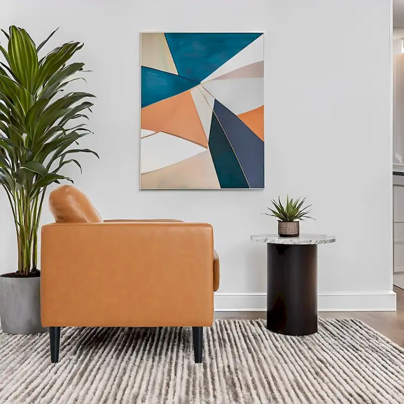 Genuine Leather Accent Chair, Black/Tan, Mid-Century Modern, High-Density Cushion, Seats 1