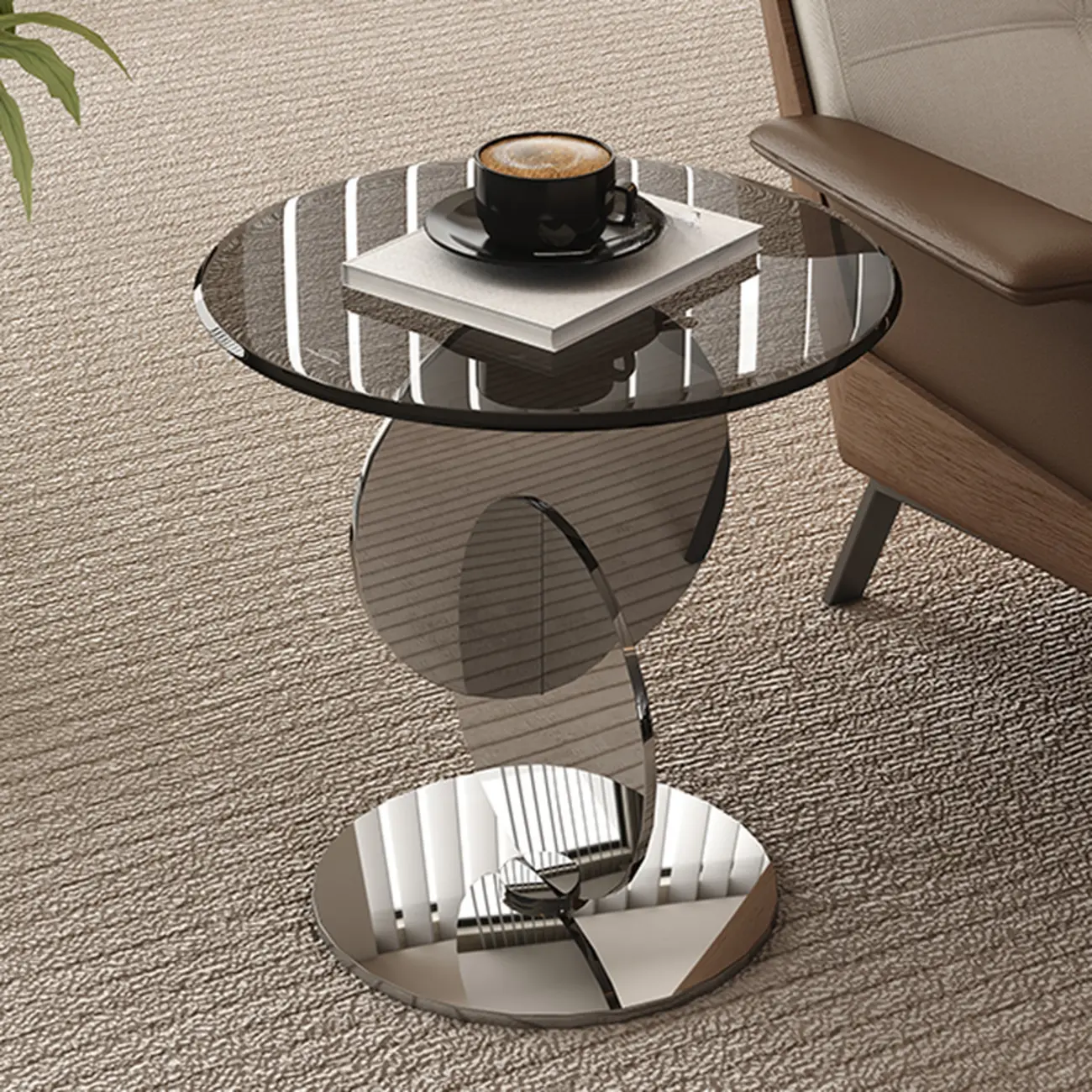 Modern Round Glass Top Stainless Pedestal Side Table