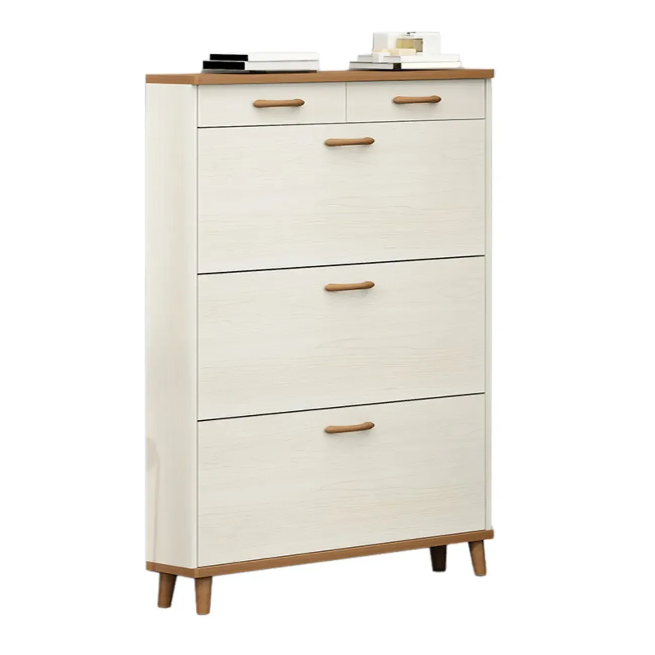 Narrow Beige Solid Wood Drop Front Shoe Cabinet
