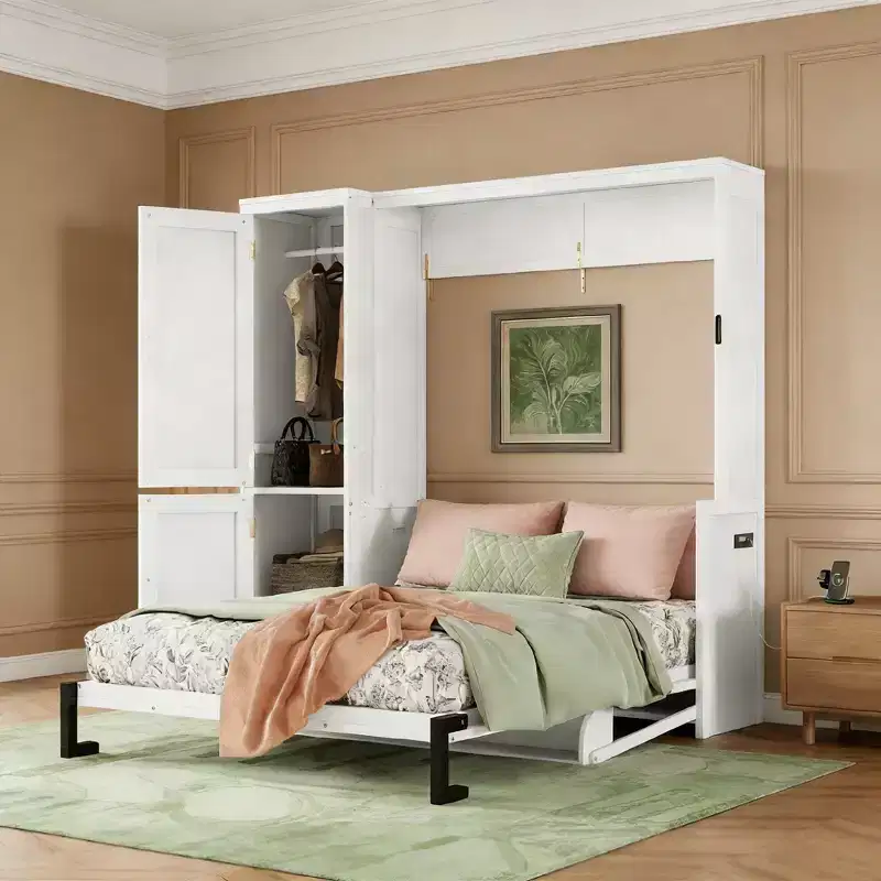 White Queen Murphy Bed with Wardrobe & Desk, 2–3 Person Assembly