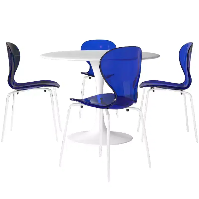 LeisureMod Bristol 5-Piece Dining Set Round Dining Table, 4 Plastic Dining Chairs White Legs