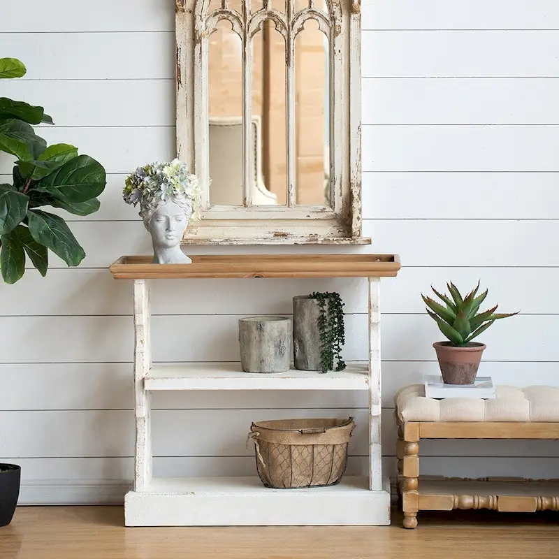 Distressed Wood Console Table with Shelf and Tray Top