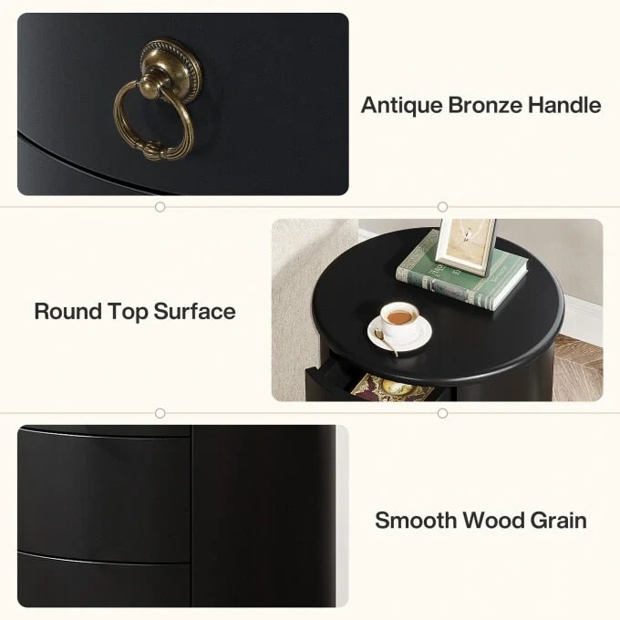 No Assembly Round Solid Wood End Table, Small Side Table with Drawers