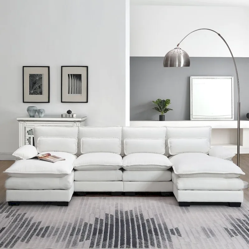110*55  Modern U-Shaped Sectional Sofa with Waist Pillows,6-Seat Upholstered Symmetrical Sofa Furniture