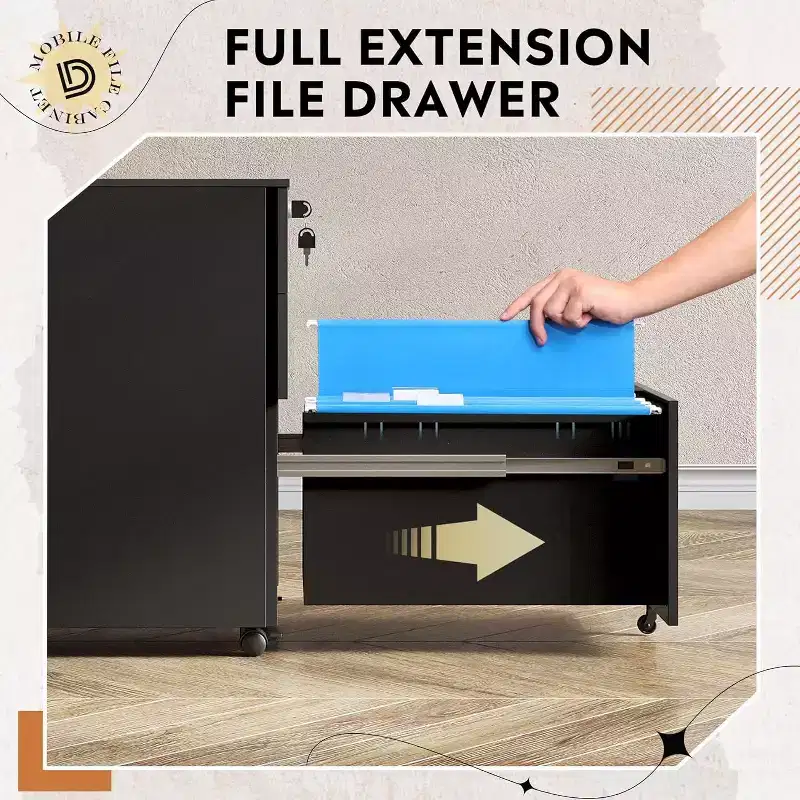 DEXYLLO Locking File Cabinet, 3 Drawer Rolling Pedestal Under Desk Office, Fully Assembled Except Casters