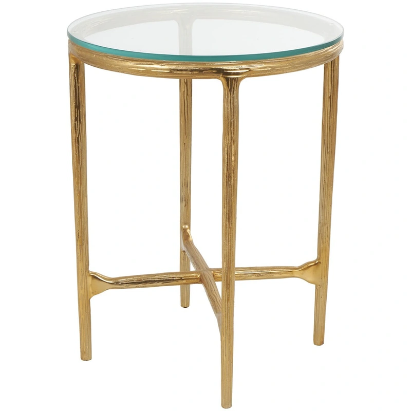 Aluminum Metal Textured Side End Accent Table with Glass Tabletop - Gold or Silver- Roche River Decor