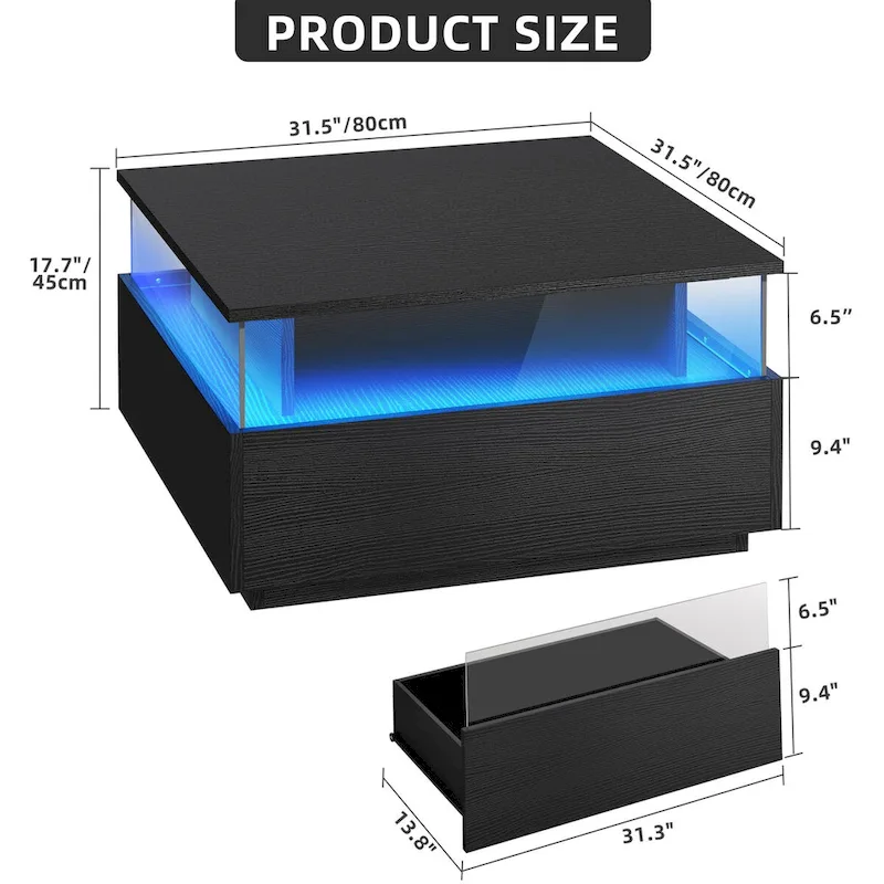 Moasis Modern Square Coffee Table with Drawers & LED Light, Acrylic and Wood Center Table