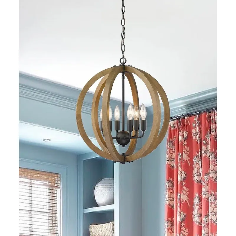 Modern Rustic Wooden 6 Light Mini Circle Orb Pendant