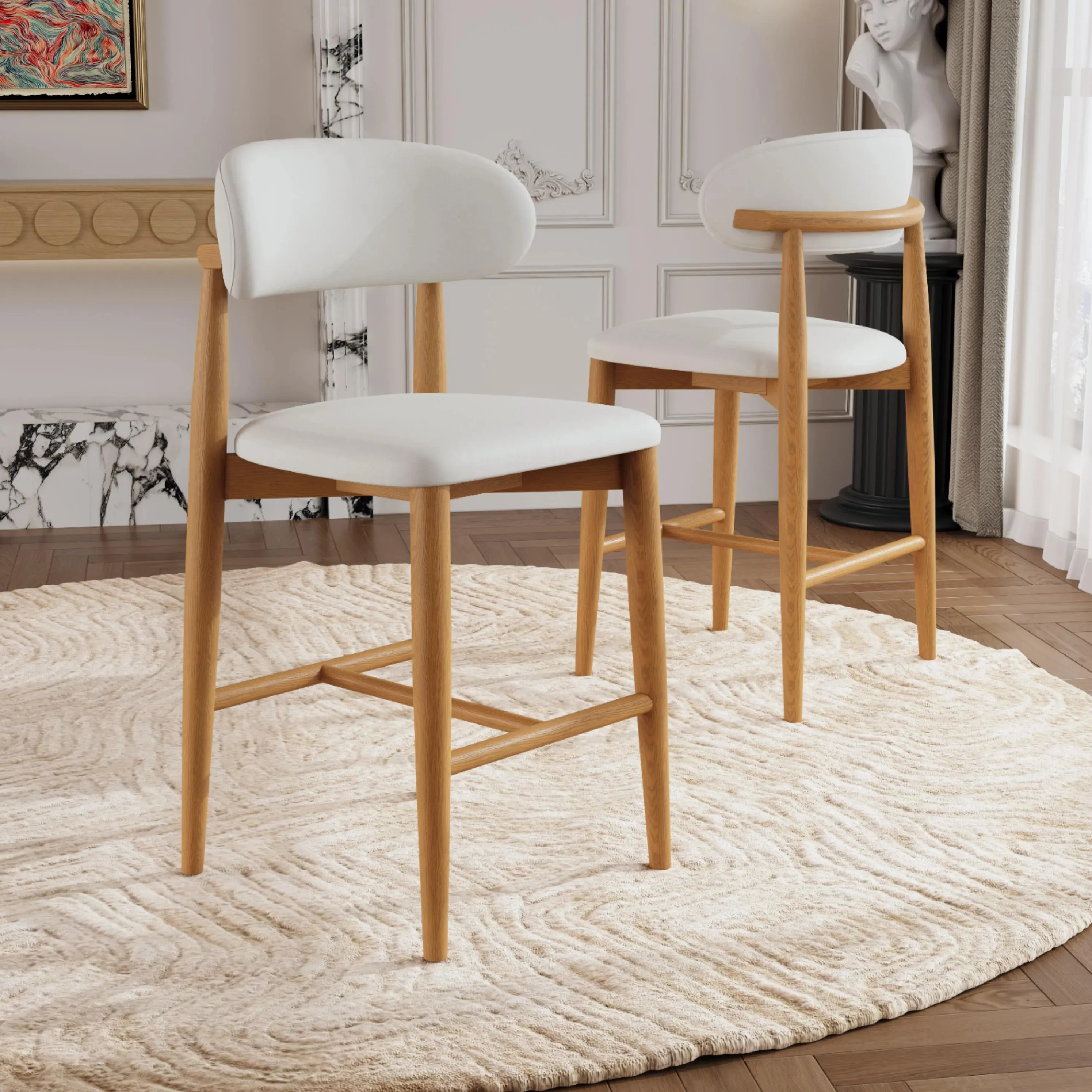 Modern Off-White Leather Curved Back Counter Bar Stools