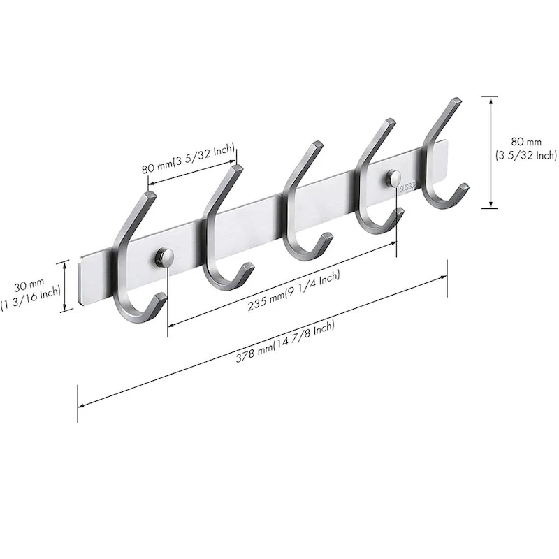 Black/Silver 5-Hook Towel & Robe Rack, 304 Stainless Steel, Wall Mount, Bathroom & Bedroom