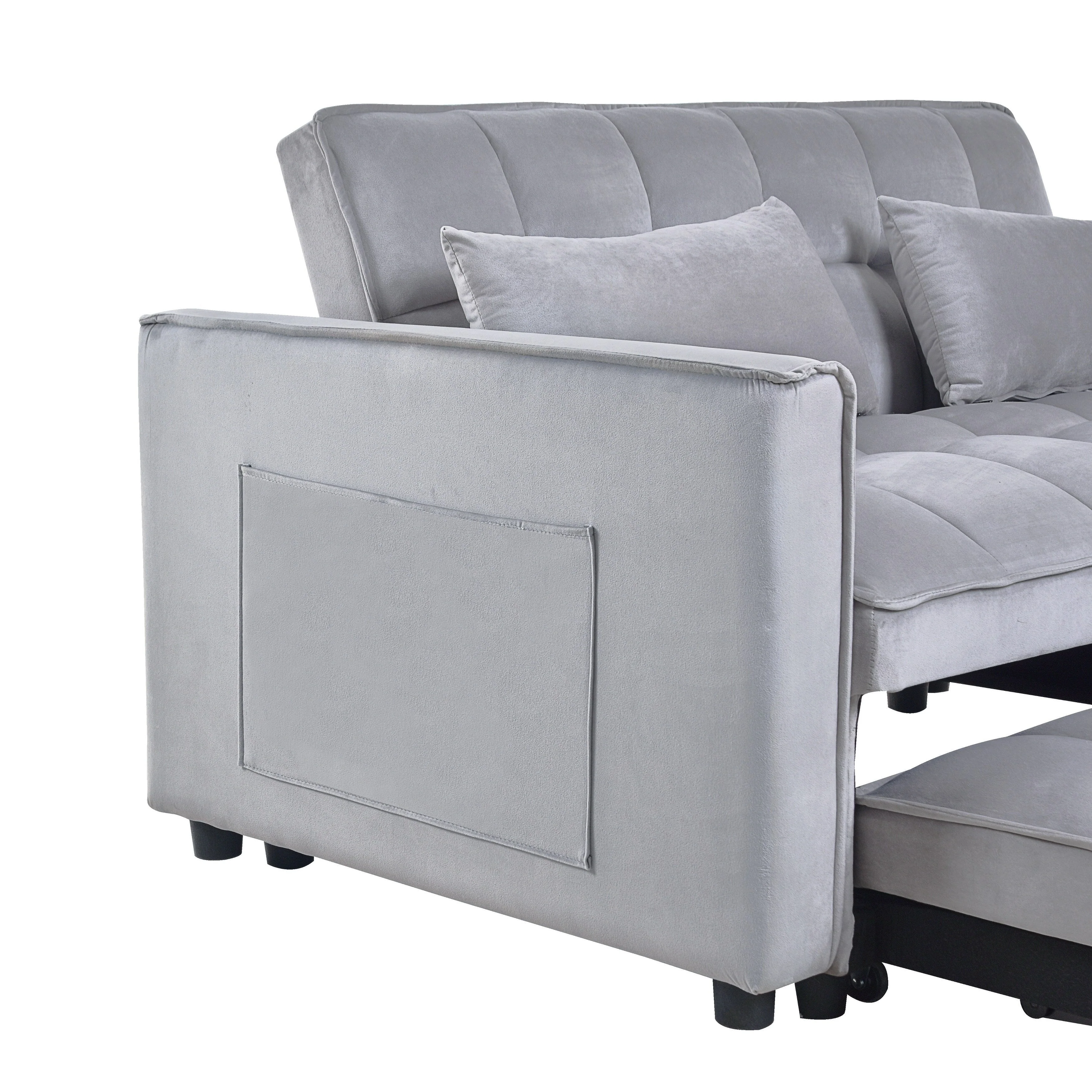 Modern Pull-Out Couch Bed, 3-in-1 Sleeper Sofa with Adjustable Backrest, Velvet Loveseat, Pillows & Side Pockets