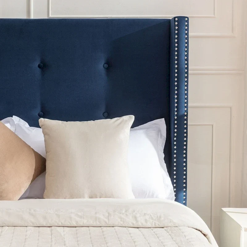 Velvet Upholstered Queen Bed - Wingback with Nailhead Trim