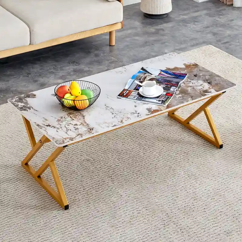 47 Modern Rectangular Coffee Table with Sintered Stone Tabletop and X-shaped Metal Legs