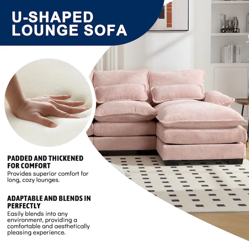 Chenille Upholstered U-Shaped Living Room Sectional Sofa With Wooden Legs