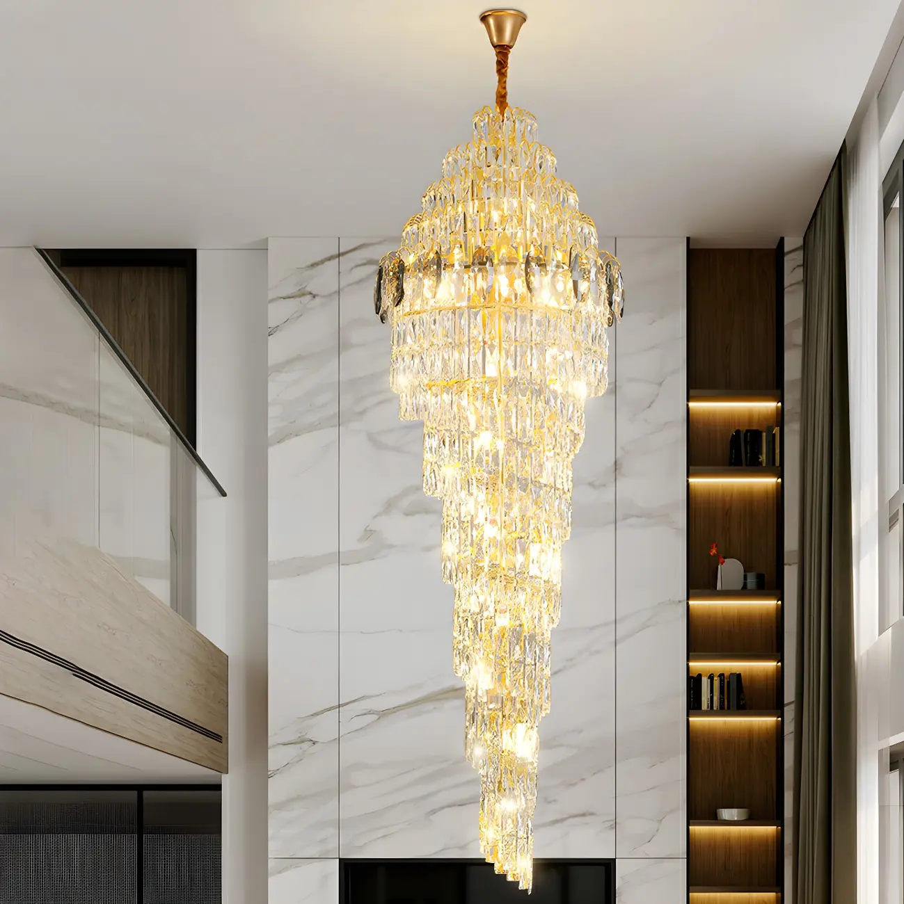 Luxury Gold Spiral Crystal Stairwell Chandelier Height Adjustable