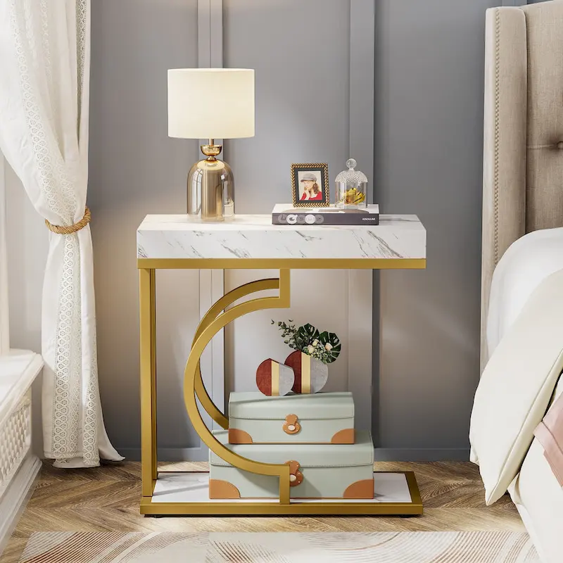 Narrow Side Table White Gold Side Table C Shaped End Table Modern Bedside Table