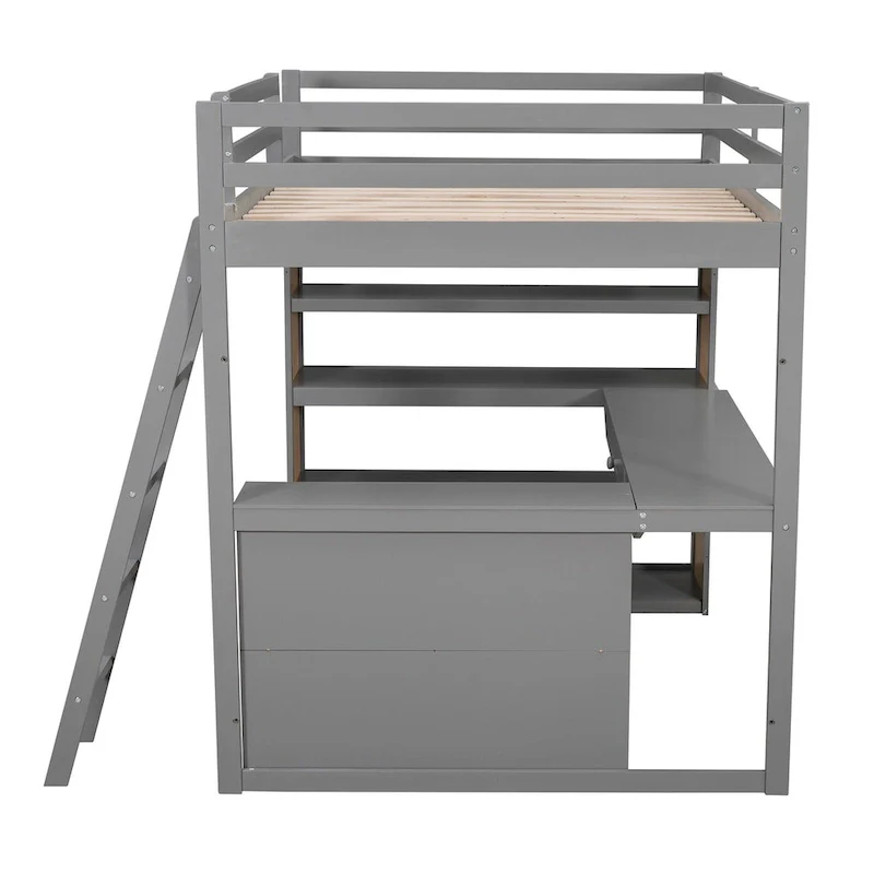 Gray Full Size Loft Bed with Ladder, Shelves, Desk, and Drawers
