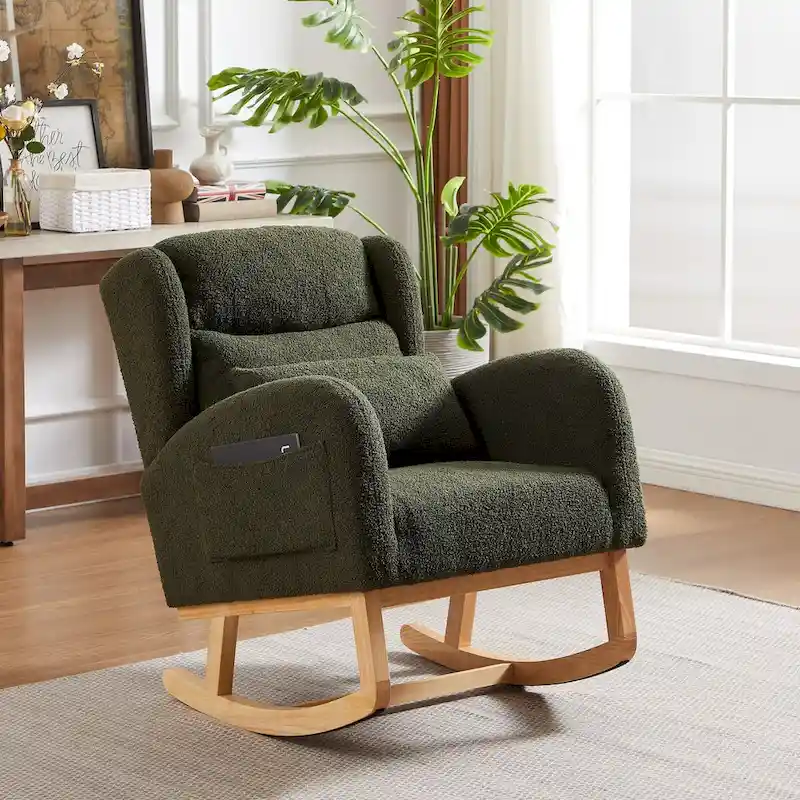 Modern Accent High Backrest Living Room Lounge Arm Rocking Chair, Two Side Pocket