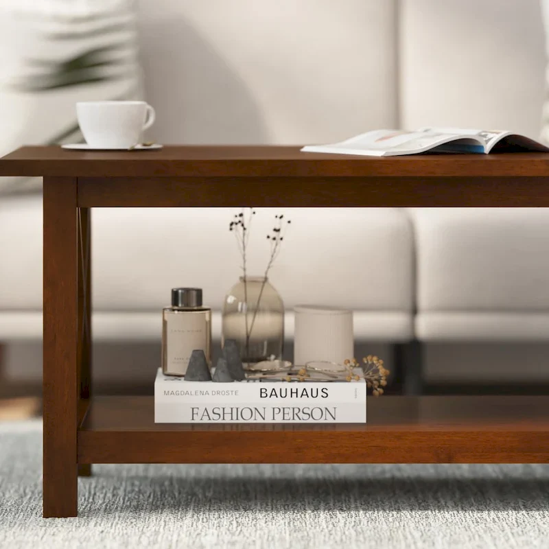 Farmhouse X-Frame Coffee Table with Shelf, Acacia Gray/Dark Gray/Walnut, Solid Wood