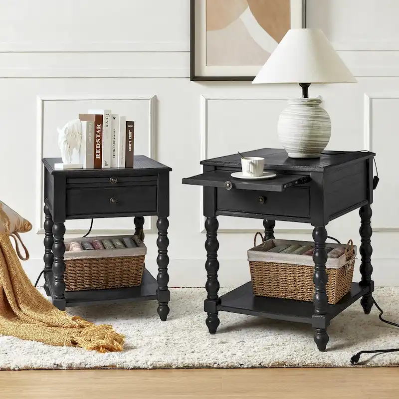 Eric Traditional 26 Tall Solid Wood End Table with USB Set of 2by HULALA HOME