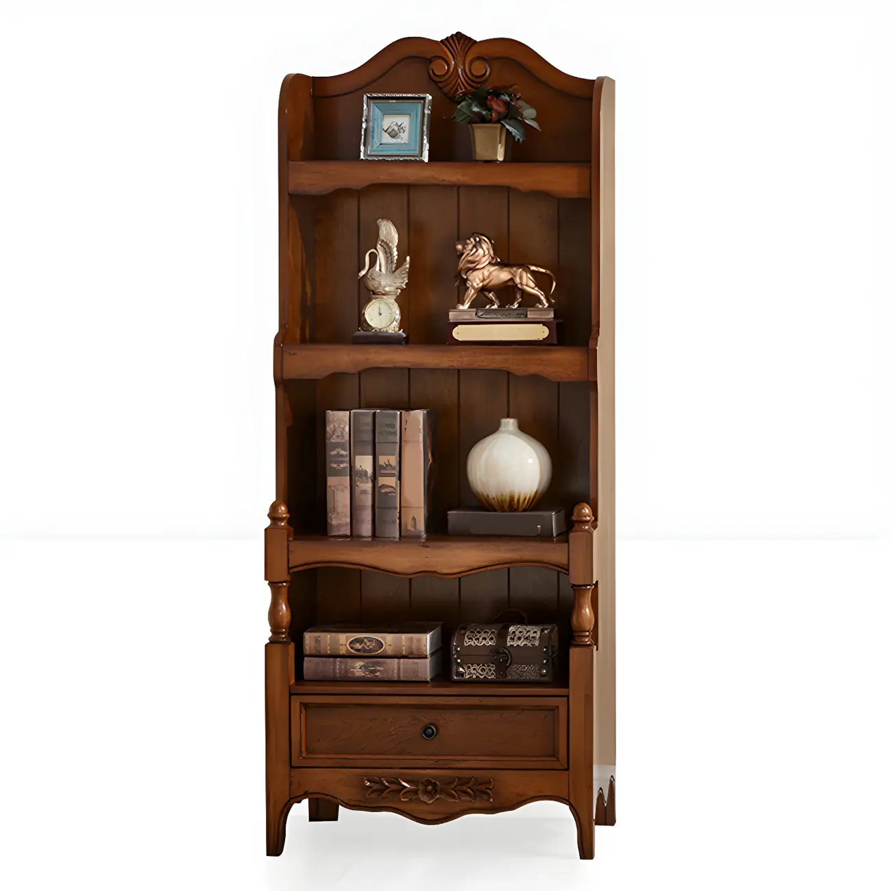 Traditional Wood 3-Shelf Brown Bookcase with Drawer