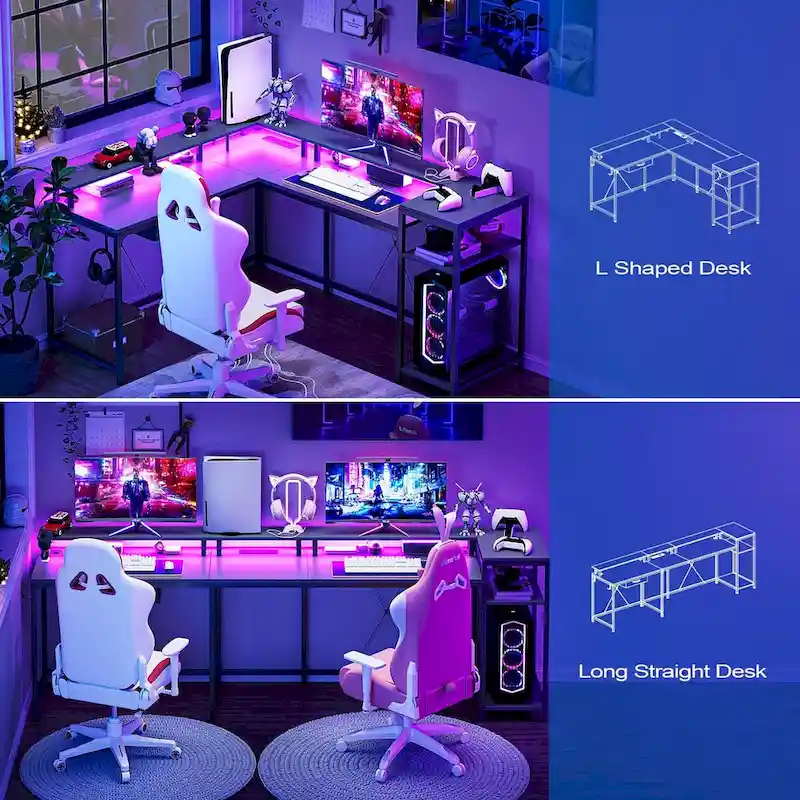 68 Home Office Desk with File Drawer & Power Outlet, LED Lights