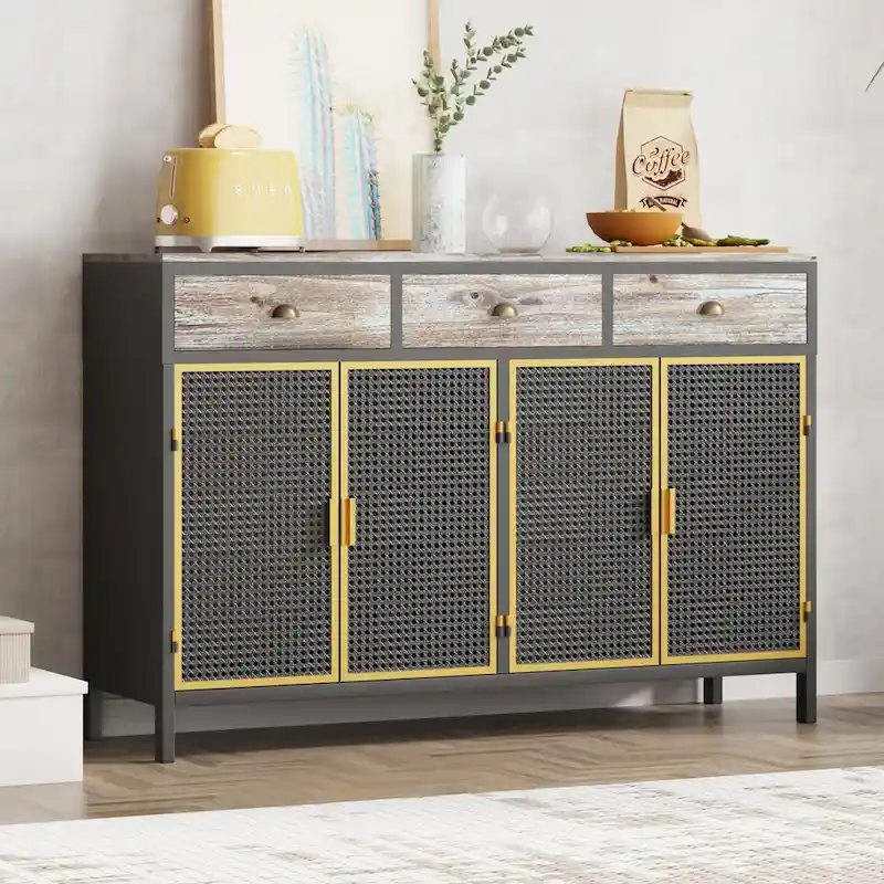 Dark Gray Modern Sideboard with 2 Doors, 3 Drawers & Iron Frame