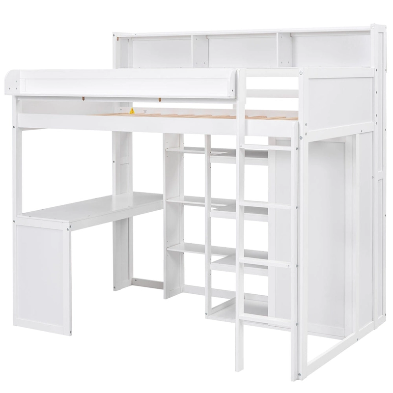 Twin Wood Loft Bed with Shelves, Wardrobe, and Desk