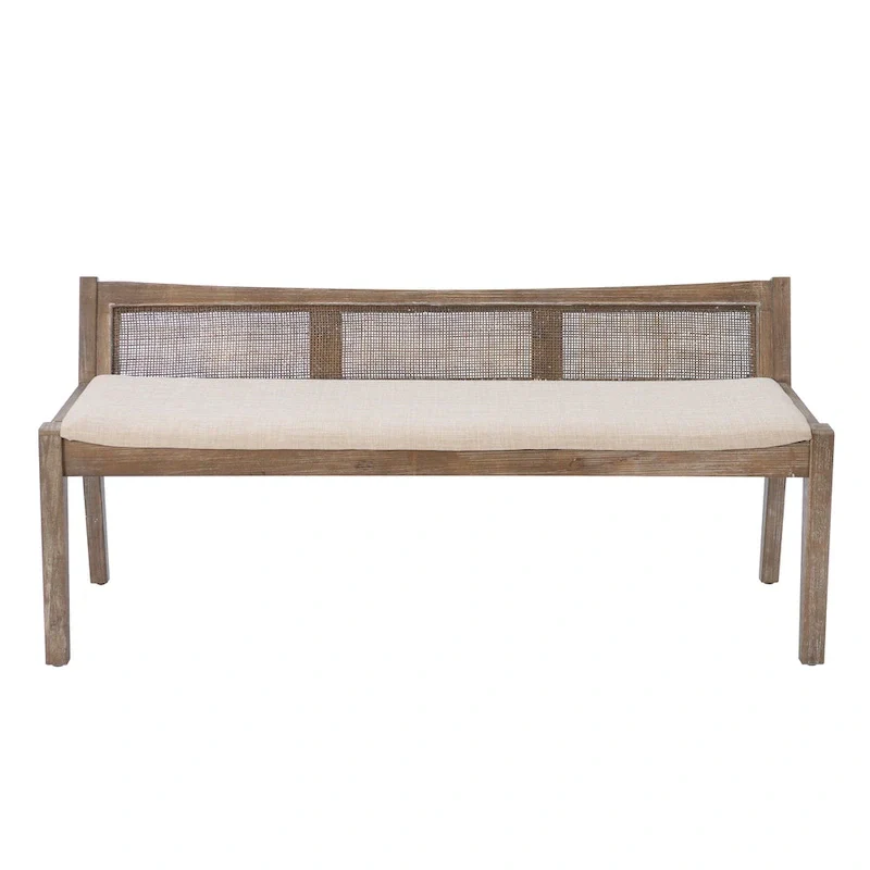 Solid Wood Cane Bench with Cushioned Seat