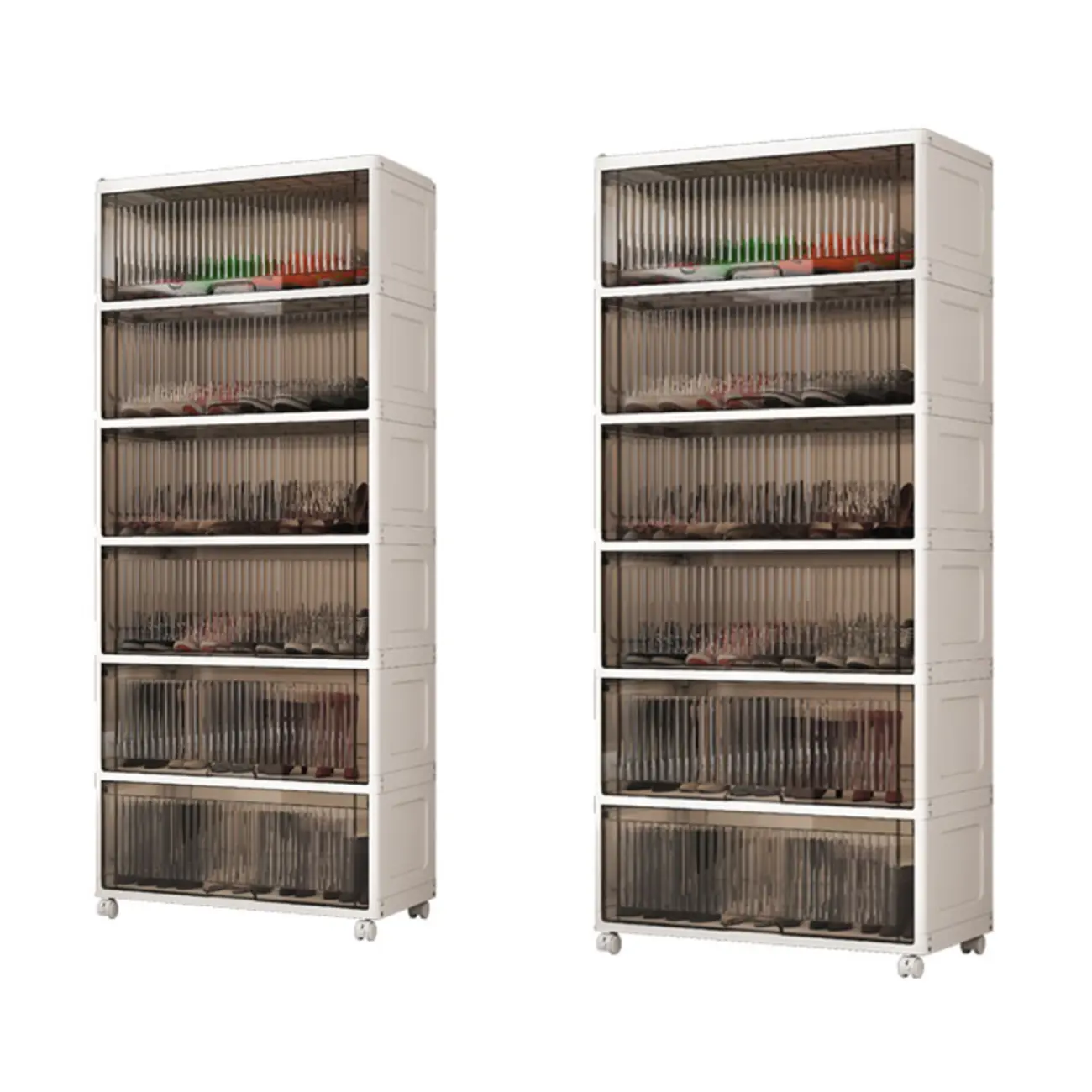 Hallway White Plastic Drop-Front Shoe Cabinet with Casters