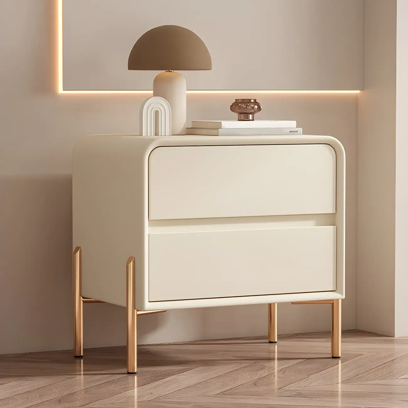 Morandi Short Leather Wood 2 Tiers Nightstand with Legs