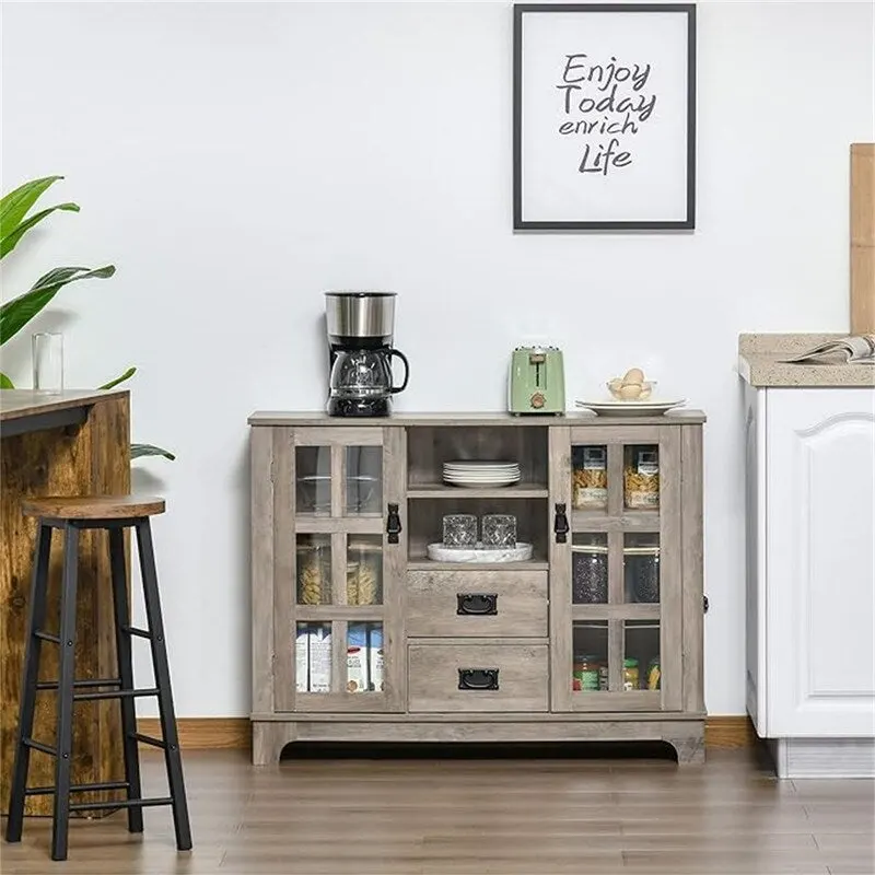 Grey / White / Walnut Sideboard Buffet Cabinet with Glass Doors & Adjustable Shelves