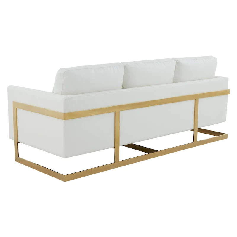 LeisureMod Lincoln Modern Upholstered Leather Sofa with Gold Frame - 83
