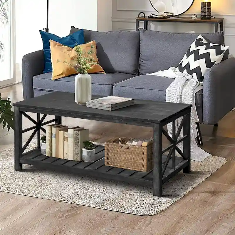 Open Shelf Coffee Table – Antique Black / Brown, Handcrafted Wood, Single