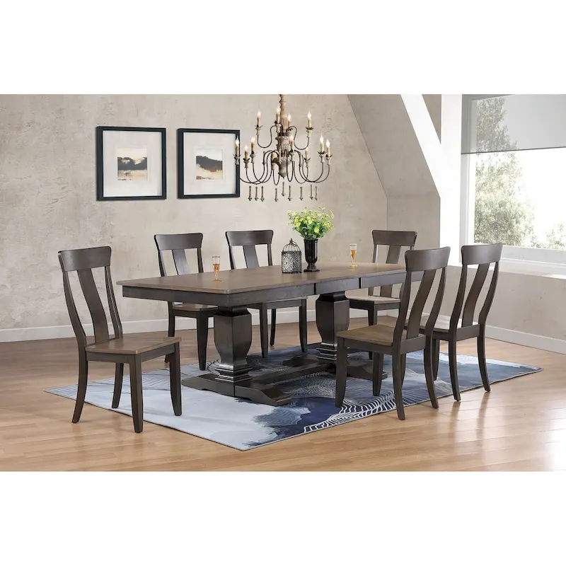 Double Transitional Pedestal In Antique Grey Panel Back 7-Piece Dining Set