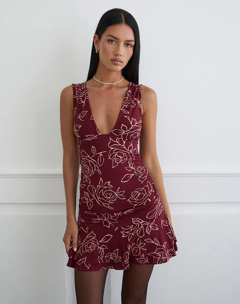Lanai Mini Dress in Outline Rose Maroon