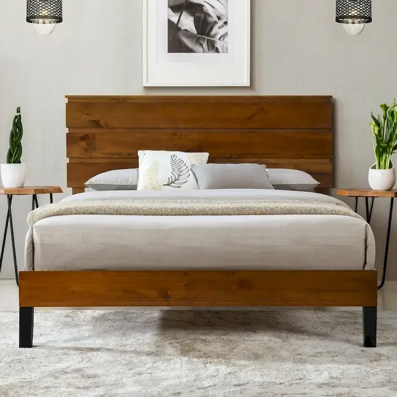 Brown King Size Mid-Century Solid Wood Platform Bed with Three-Piece Headboard