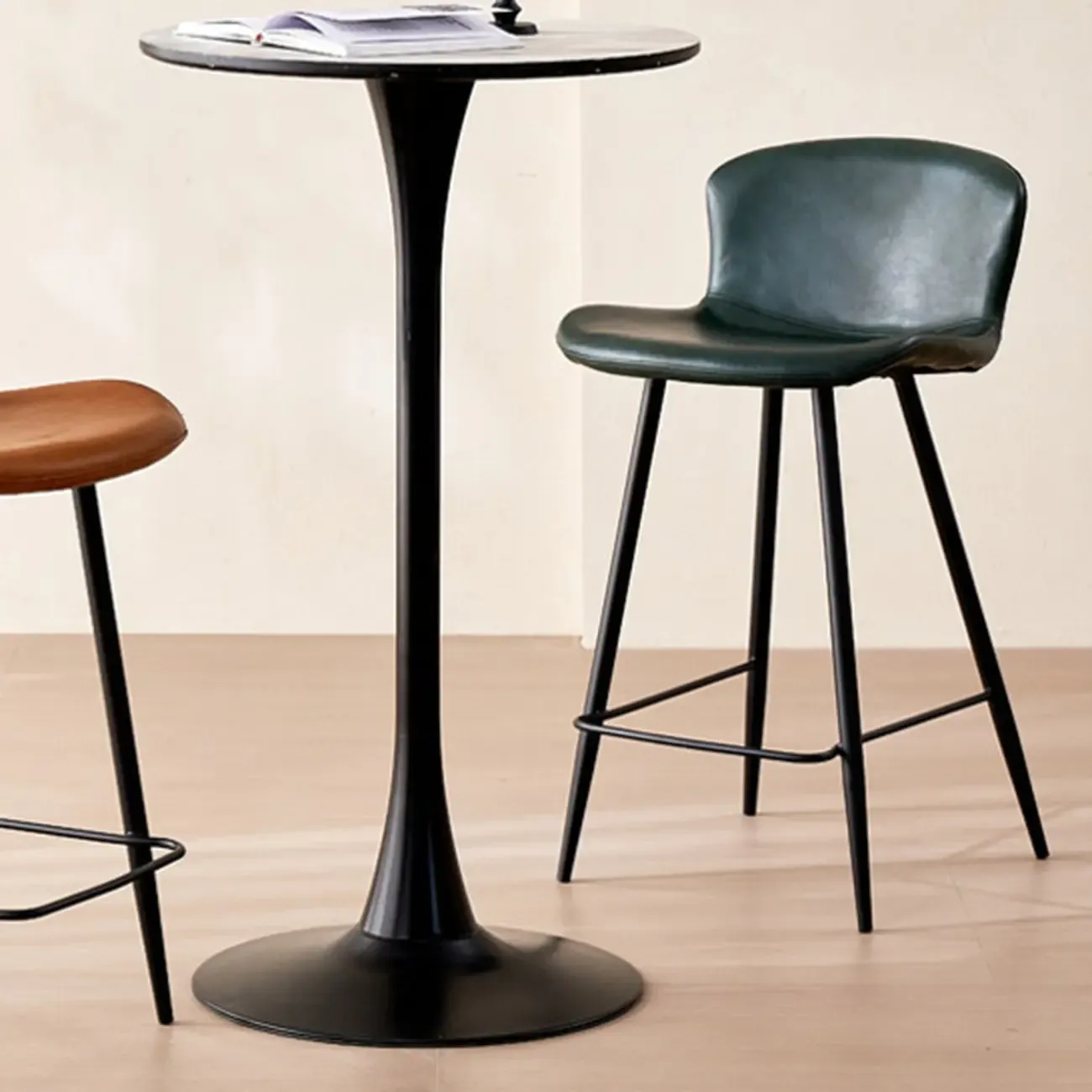Mid-Century Modern Leather Bucket Bar Stools with Low Back