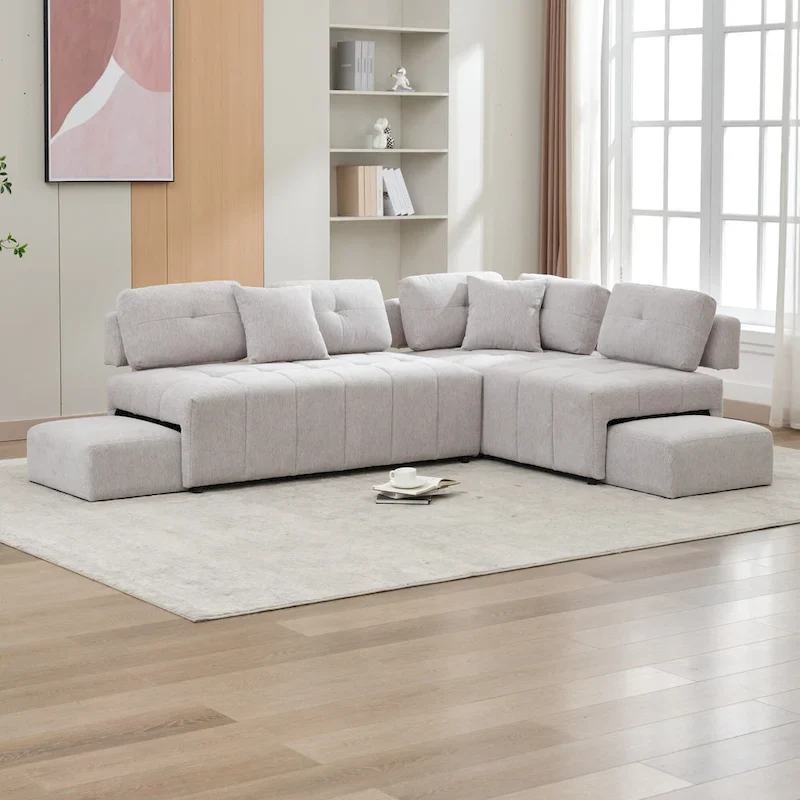 91.73  L-Shaped 4 Seater Sectional Sofa with 2 Hidden Stools, 2 Removable Lumbar Pillows, and Durable Chenille Upholstery