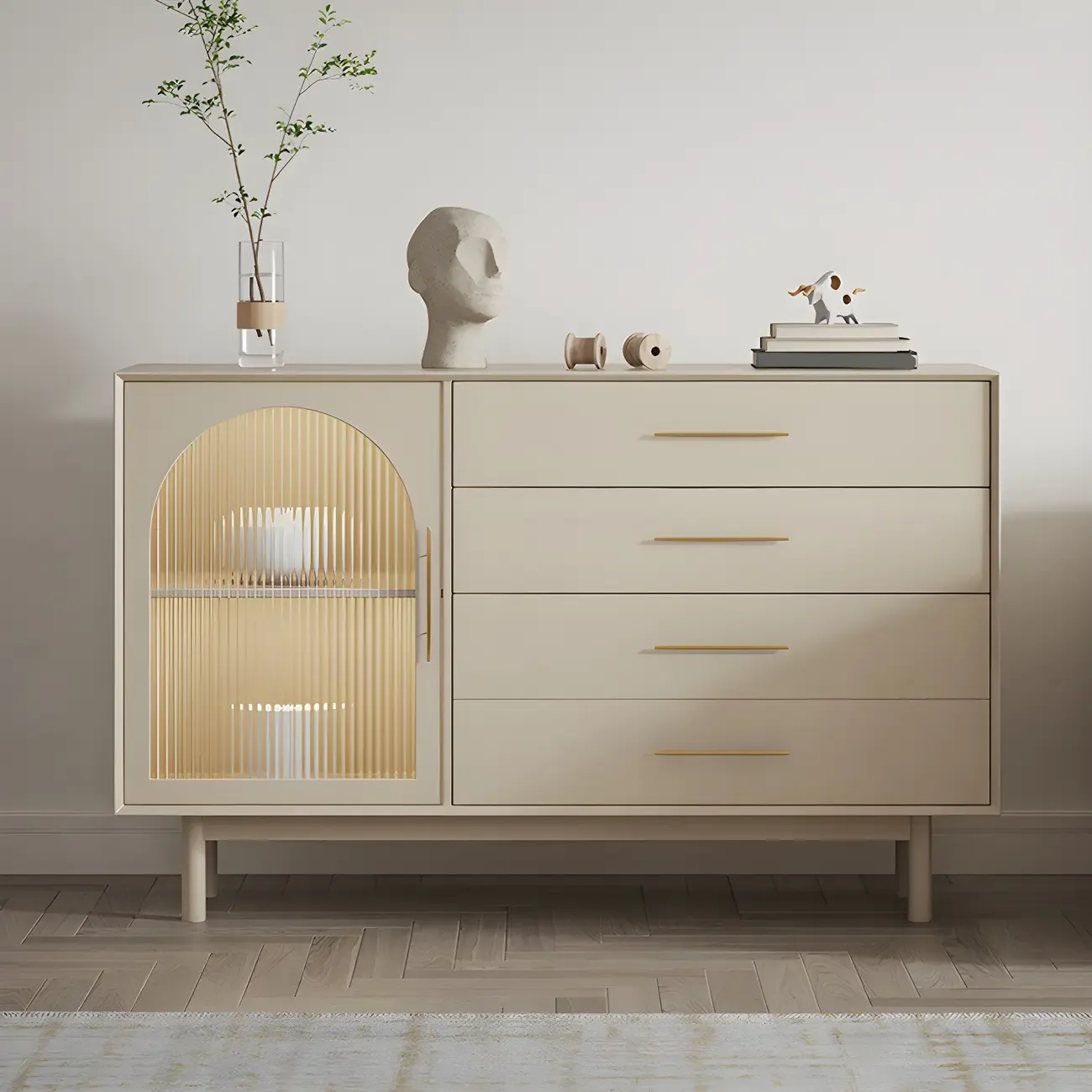 Elegant White Wooden Sideboard with Drawers & Glass Doors