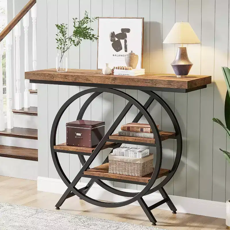 Brown 4-Tier Console Table with Geometric Metal Frame, Single