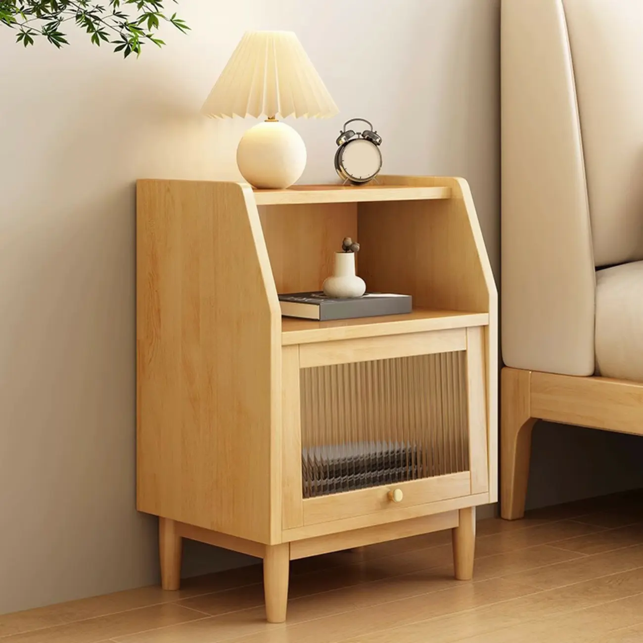 Scandinavian Natural Finish Flip-up Solid Wood Nightstand