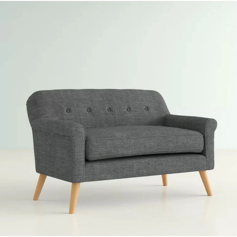 Loveseat, 50 Inch Smooth Tufted Gray Polyester, Natural Brown Wood