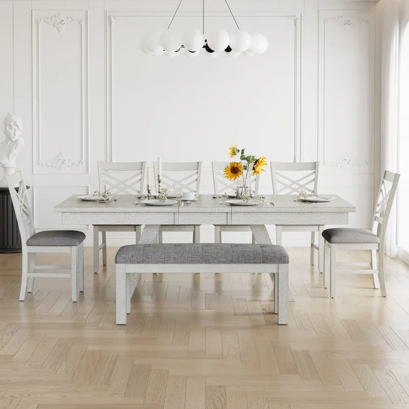 VECELO 6/8-Piece Dining Table Set with Bench, Solid Wood Rectangular Extendable Dining Table & 4 Solid Wood Dining Chairs